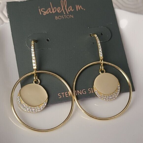 Isabella M Gold Plated Sterling Silver Round Circle Crystal Dangle Earrings - Picture 2 of 6